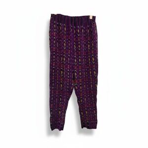 Purple Ikat Print Pants Bohemian Lightweight Elastic Waist Trousers OS‎